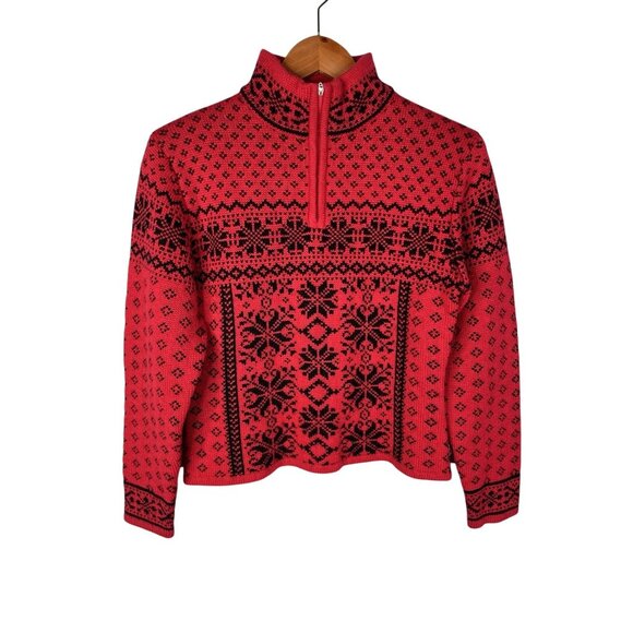 OBERMEYER Women's Red Black Snowflake 1/4 Zip Acrylic/Wool Sweater Medium - Picture 1 of 5